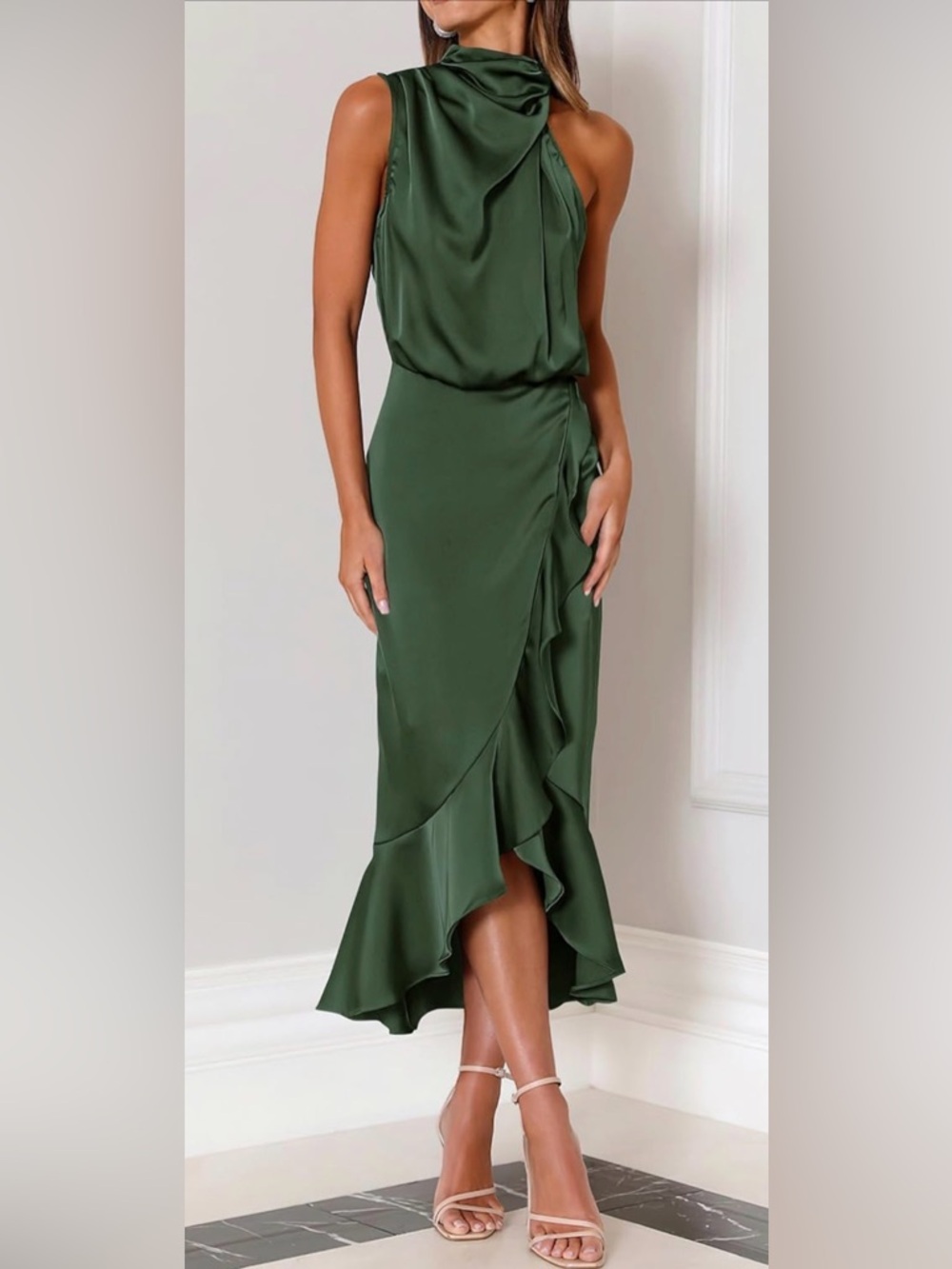 NWT Elegant Olive Green Ruffle Midi Dress L